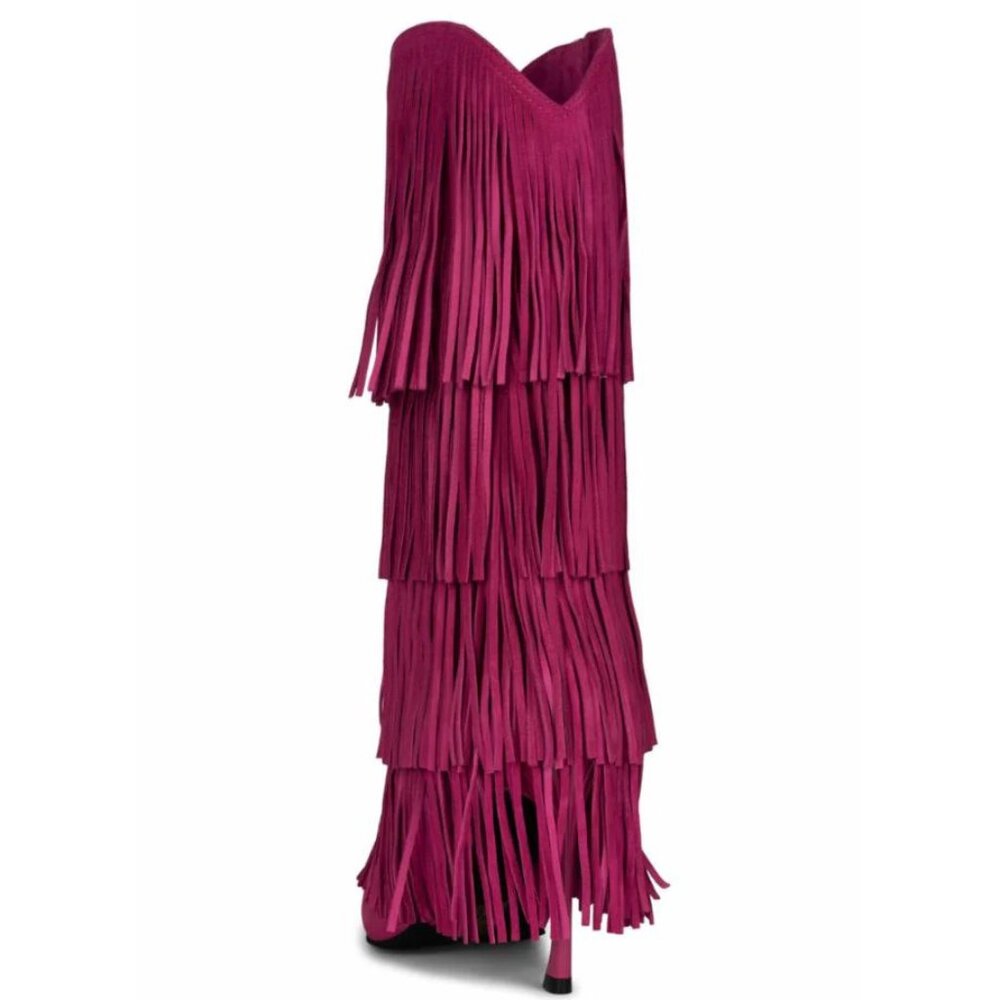 💋OBSESSED!💋 Genuine Leather Wildhorse Fringe Stiletto Boots in Fuchsia - Picture 8 of 13
